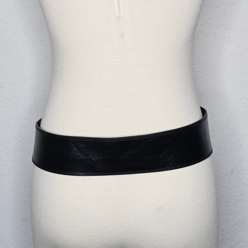 Fossil Womens Black Leather Wide Waist Belt Silver Double Prong Buckle Medium - Picture 3 of 6